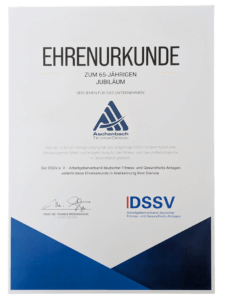 Ehrenurkunde vom DSSV zum 65. Firmenjubiläum der Firma Aschenbach TechnikDesign